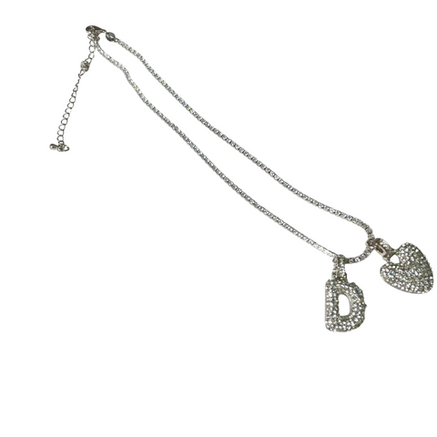 Gift For Valentine's Day Silver Stone Studded D Initial With Heart Charm Necklace