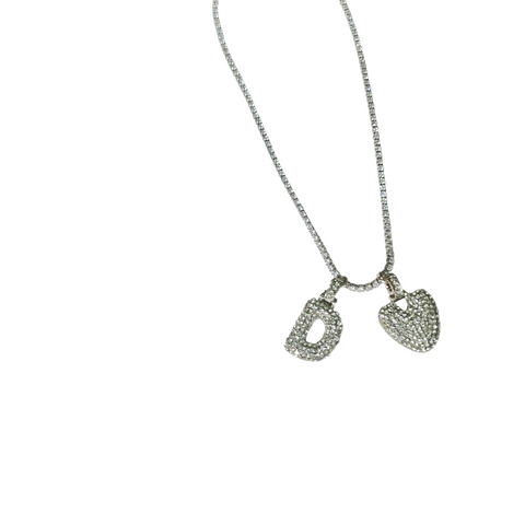 Gift For Valentine's Day Silver Stone Studded D Initial With Heart Charm Necklace