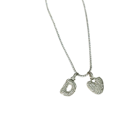Gift For Valentine's Day Silver Stone Studded D Initial With Heart Charm Necklace