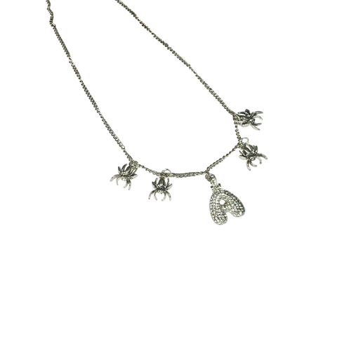 Gift For Valentine's Day Silver Stone Studded A Initial With Spider Charm Necklace