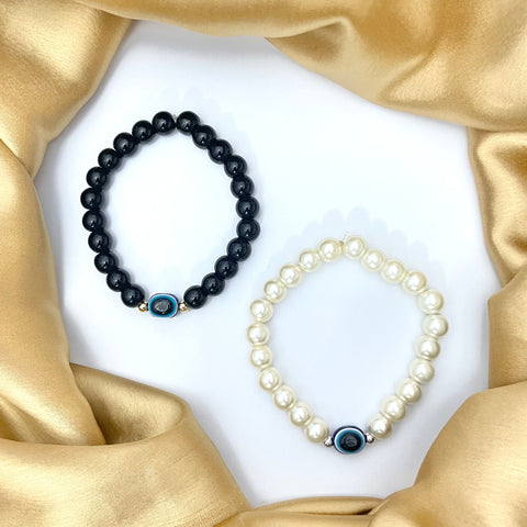 White & Black Beads With Evil Eye Charm Couple Bracelet