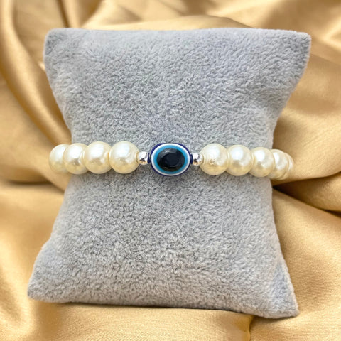 White & Black Beads With Evil Eye Charm Couple Bracelet