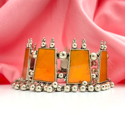 High Quality Adjustable Oxidised Silver Yellow Rectangle Designed Bangle Bracelet