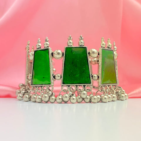 High Quality Adjustable Oxidised Silver Green Rectangle Designed Bangle Bracelet