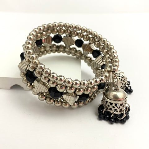 High Quality Adjustable Black & Silver Beaded Jhumki Bracelet,oxidised