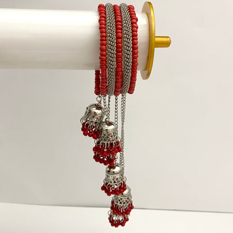 High Quality Silver And Red Oxidised Tassel Bracelet