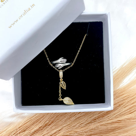 Pack 2 Premium Golden Leaf Charm Necklace With Silver Hug Ring Combo Set Perfect For Dailywear