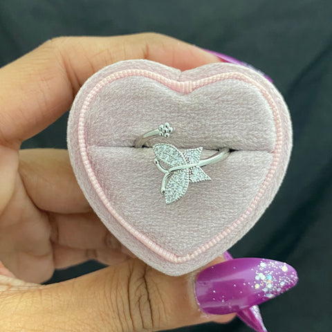 Adjustable Silver Stone Studded Butterfly With Small Flower Copper Ring