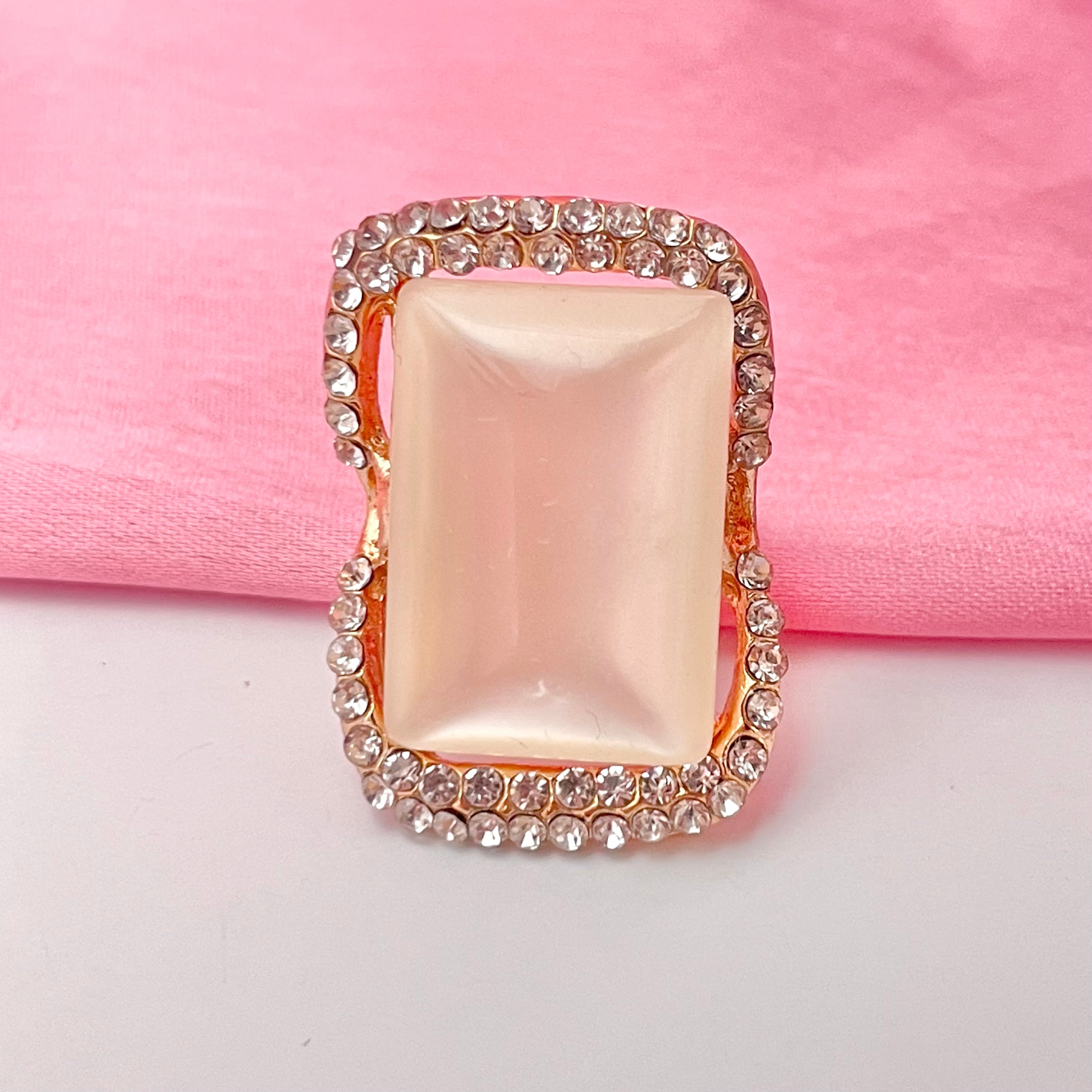Adjustable Gold-Plated Retro Big Rectangular Statement CZ-Studded Finger Ring