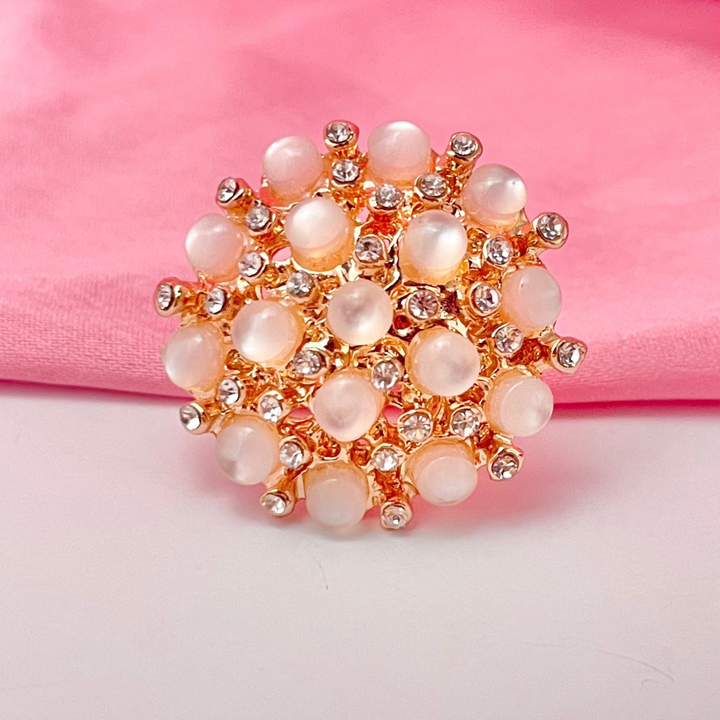 Adjustable Golden Round Stone Studded Flower Designed Finger Ring