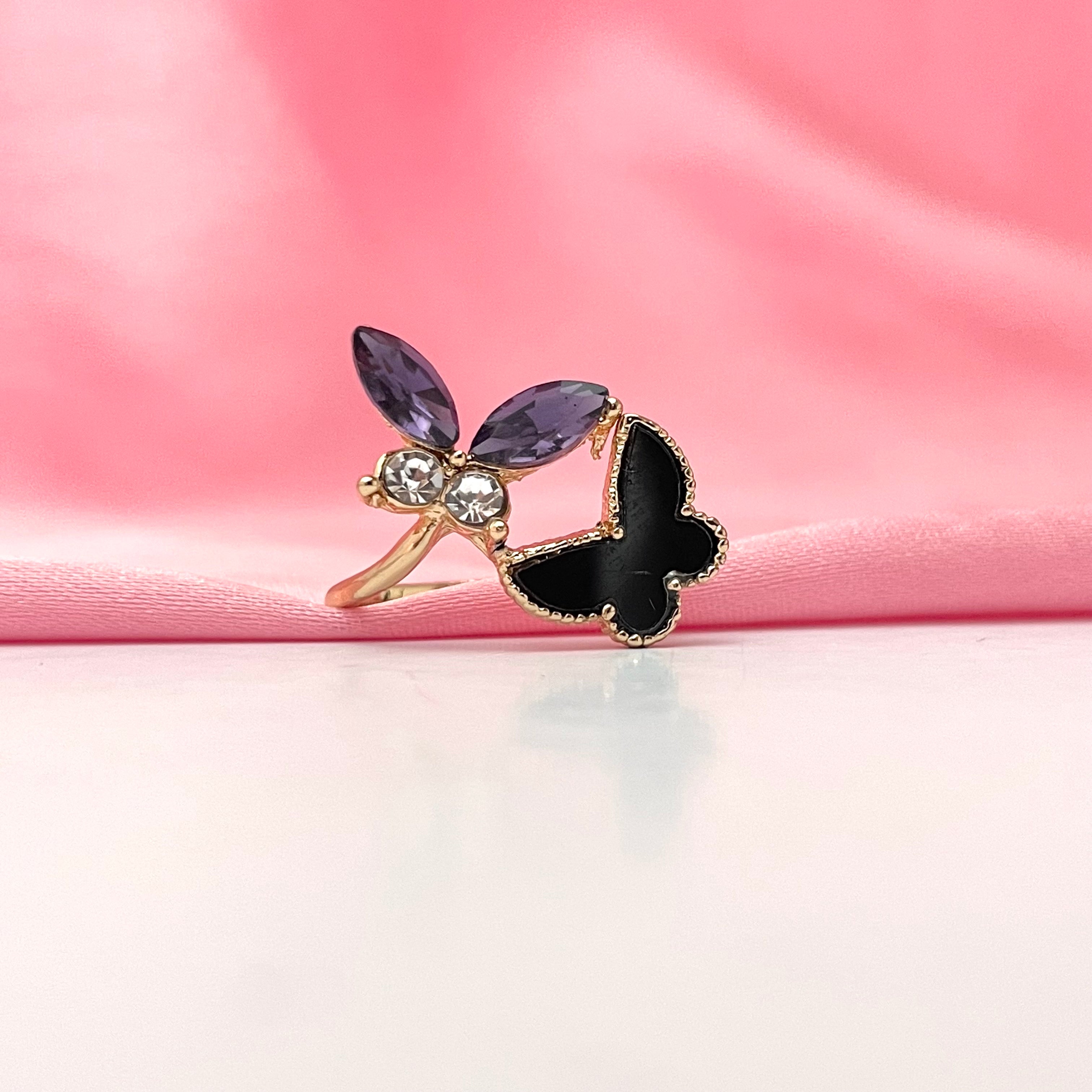 Adjustable Golden Dual Black Butterfly Ring for Women Perfect For Dailywear