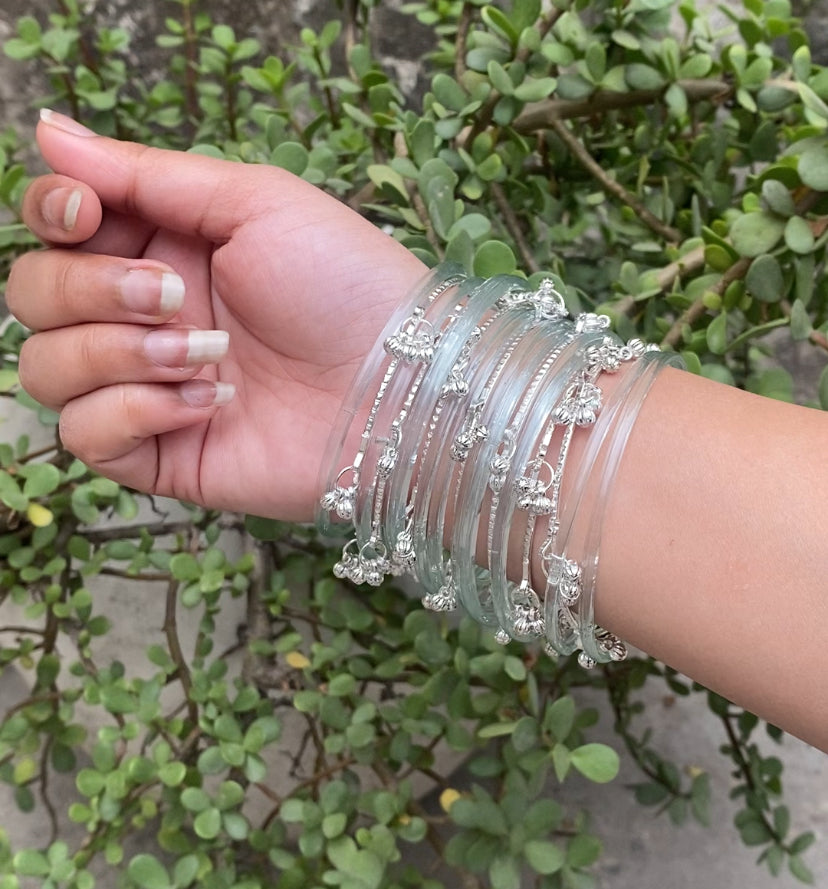 Trendy Pack Of 12 Transparent Bangles With 8 Silver Plated Ghungroo Ba ...