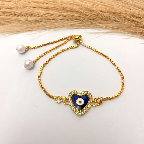 Adjustable Alloy Cute Heart Designed Evil Eye Charm Rakhi Cum Bracelet For Brother