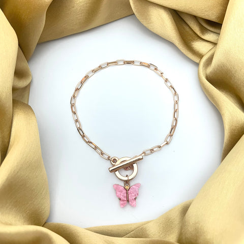 Simple Classic Slim Gold Link Chain Bracelet With Butterfly (Pink)