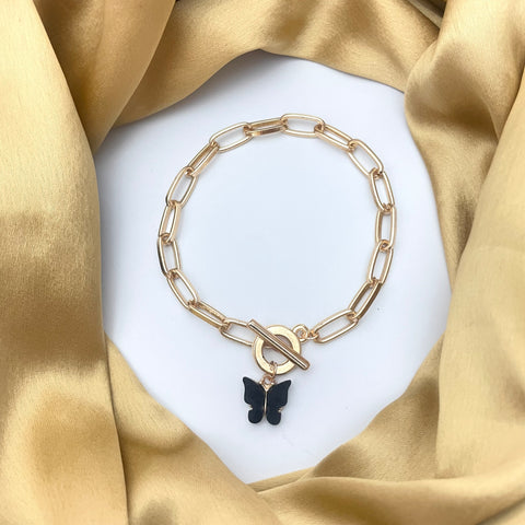 Simple Classic Gold Link Chain Bracelet With Butterfly (Black)