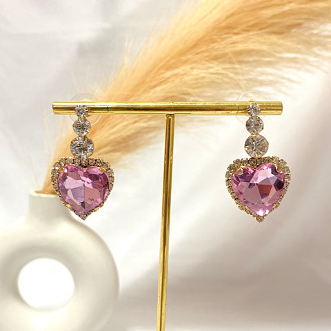 Pink Crystal Heart Drop Korean Earrings