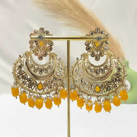 Premium Yellow Heavy Work Kundan Drop Earrings