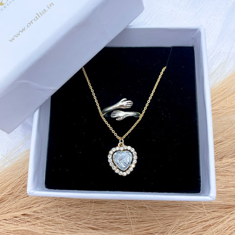 Affordable Pack Of 2 Stone Studded Crystal Heart Necklace With Silver Hug Ring Special Jewelry Combo