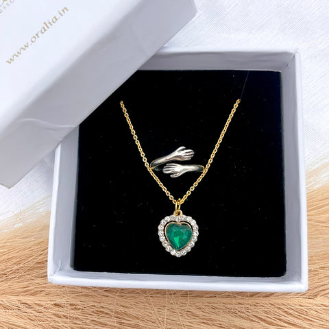 Affordable Pack Of 2 Stone Studded Green Heart Necklace With Silver Hug Ring Special Jewelry Combo (Copy)