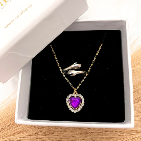 Affordable Pack Of 2 Stone Studded Purple Heart Necklace With Silver Hug Ring Special Jewelry Combo