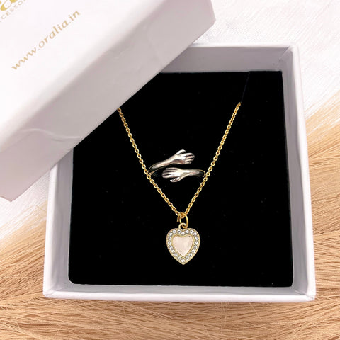 Affordable Pack Of 2 Stone Studded Blue Crystal Heart Necklace With Silver Hug Ring Special Jewelry Combo