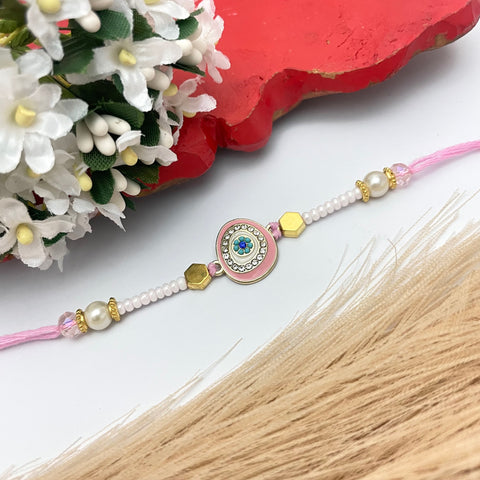 Adjustable Cute Pink Evil Eye Charm Thread Rakhi for Brother – a stylish and spiritual thread featuring an Evil Eye symbol, perfect for Raksha Bandhan celebrations.