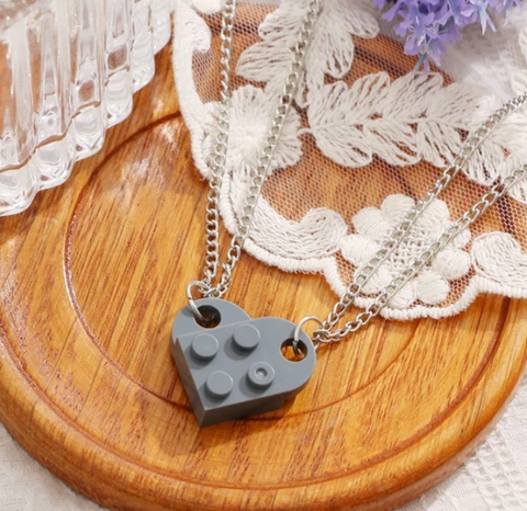 Grey Heart Shape Brick Lego Couple Necklace