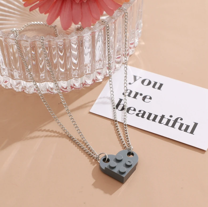 Grey Heart Shape Brick Lego Couple Necklace