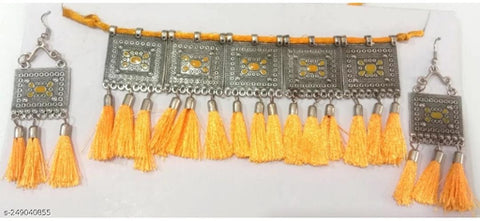 Oxidized Yellow Thread Choker Set With Earrings