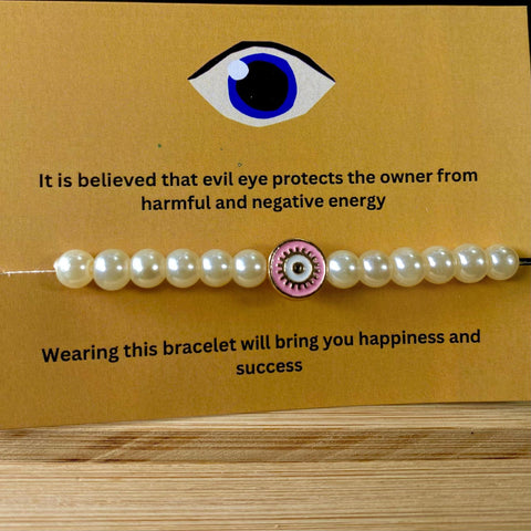 Pearl Bracelet With Round Evil Eye Charm (Pink)