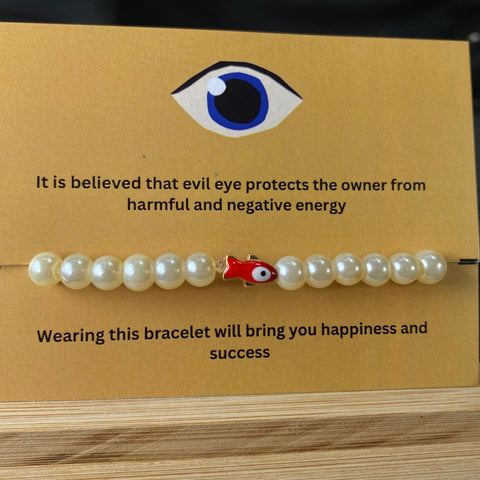 Pearl Bracelet With Fish  Evil Eye Charm(Red)