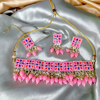 High Quality Premium Pink Kundan Earrings, Necklace and Teeka Set